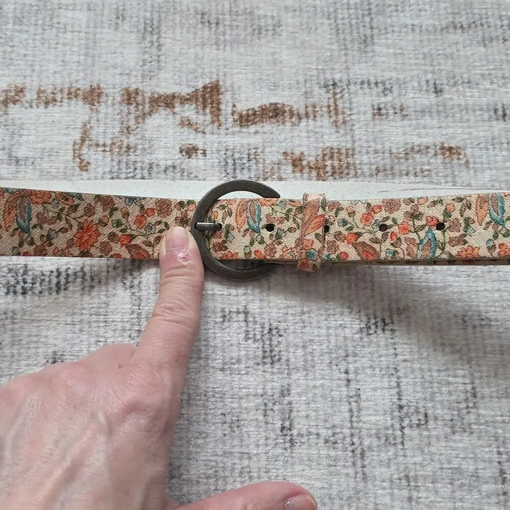 Vintage 90s Landes Floral Patterned Belt Womens L Boho Cottagecore Cream Blue